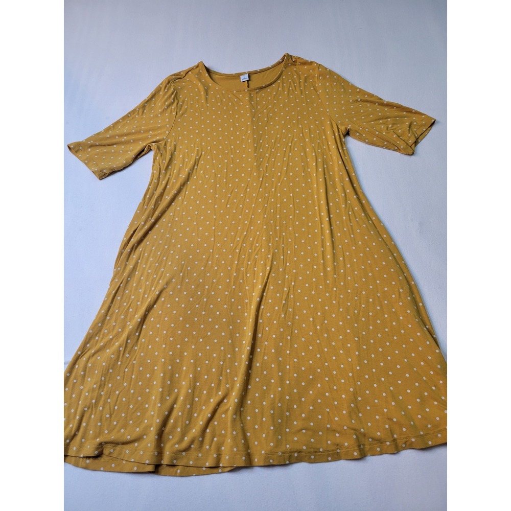 Old Navy Mustard Yellow Polka Dot Swing Dress Large Elbow Sleeve A-Line Mini
